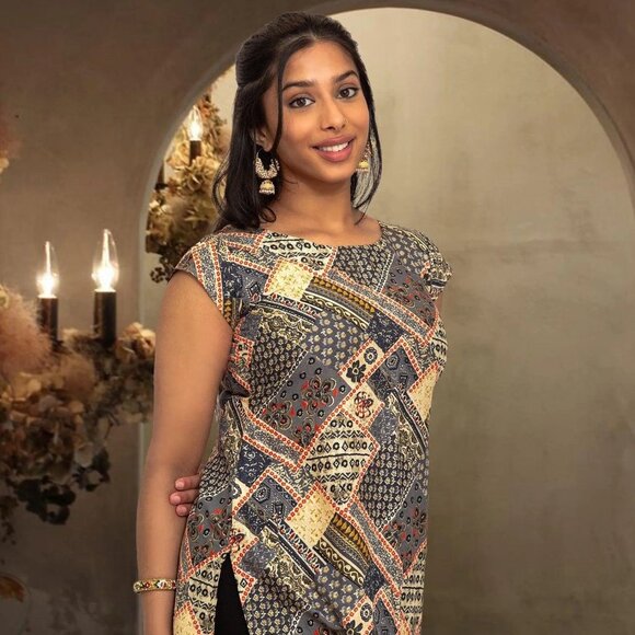 Elegant Black and Cream Printed Short Top | Muvvas Boutique - Picture 1 of 3